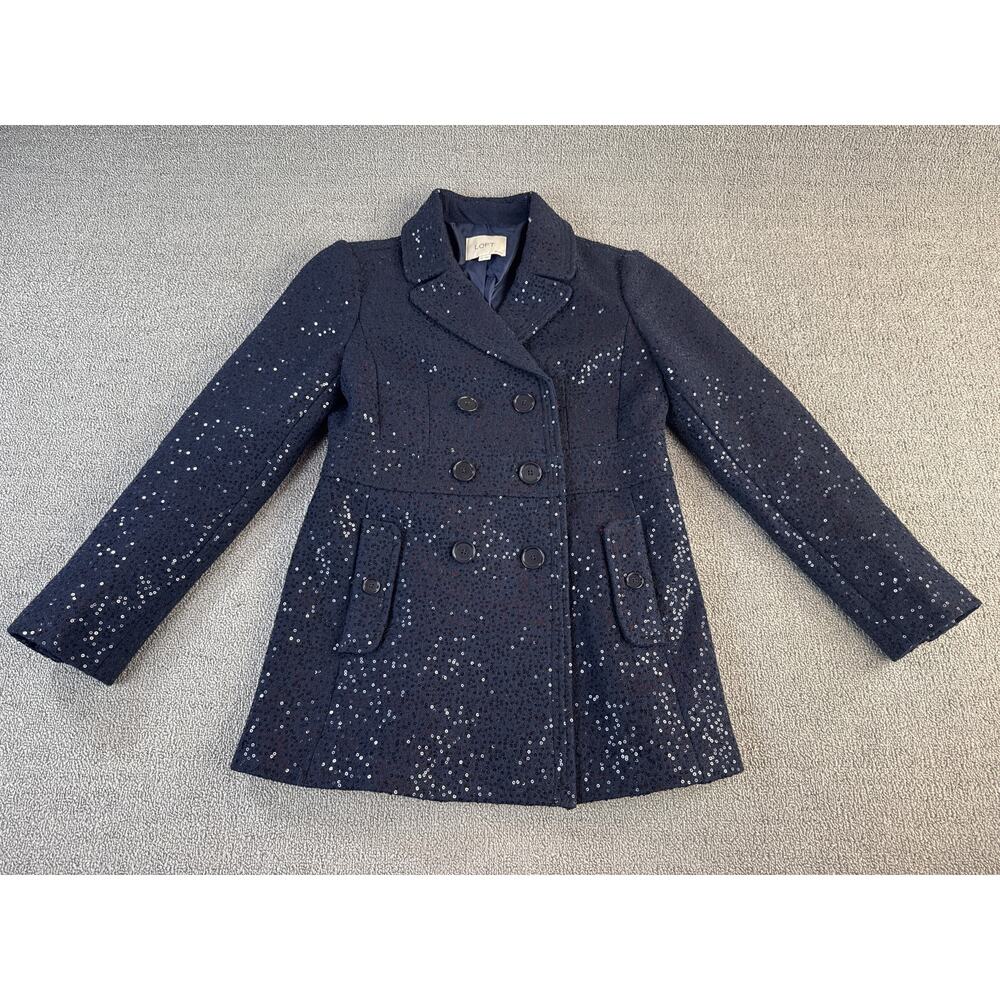 Loft Pea Coat Double Breasted Navy Sequin Wool Blend Size 2 Petite - Picture 2 of 14